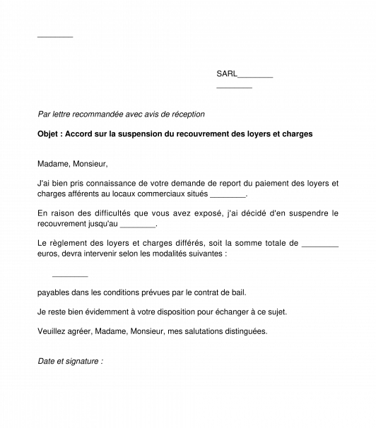 Accord du bailleur sur le report des loyers d'une entreprise affectée par l'épidémie de Covid-19/Coronavirus
