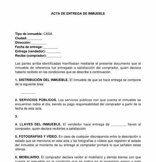 Acta de entrega e inventario de inmueble