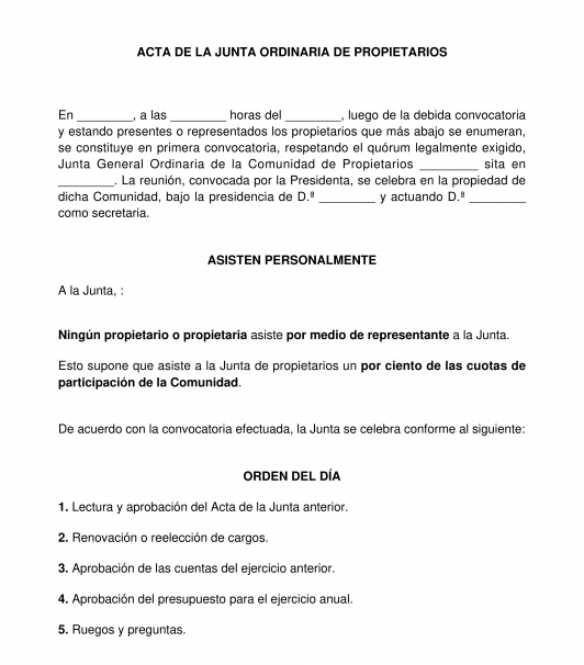 Acta de la junta general ordinaria o extraordinaria de propietarios