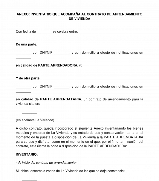 Anexo al contrato de arrendamiento: Inventario de bienes muebles