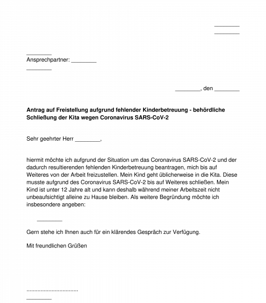 Antrag auf Freistellung aufgrund fehlender Kinderbetreuung COVID-19 / Coronavirus