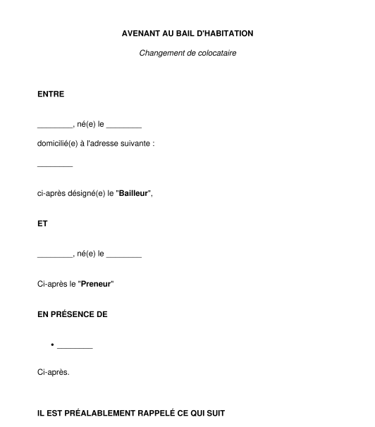 Avenant à un bail d'habitation pour ajouter ou remplacer un colocataire