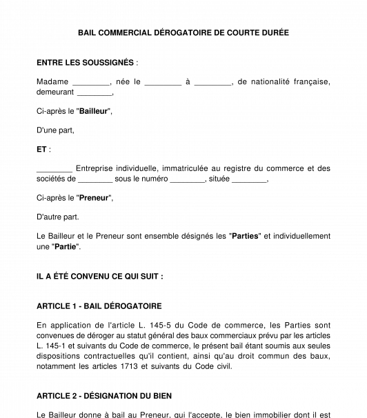 Bail commercial précaire de courte durée
