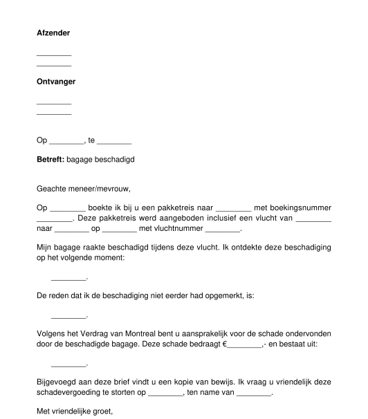 Brief bagage vermist, vertraagd of beschadigd tijdens vlucht