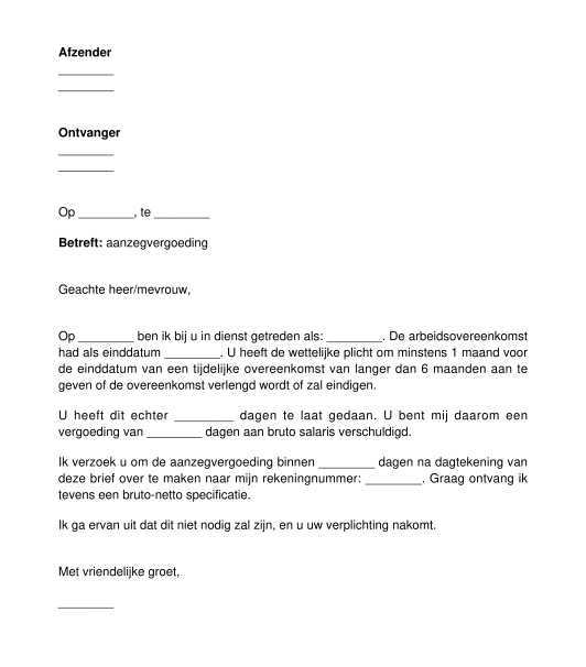 Brief claimen aanzegvergoeding voor werknemer