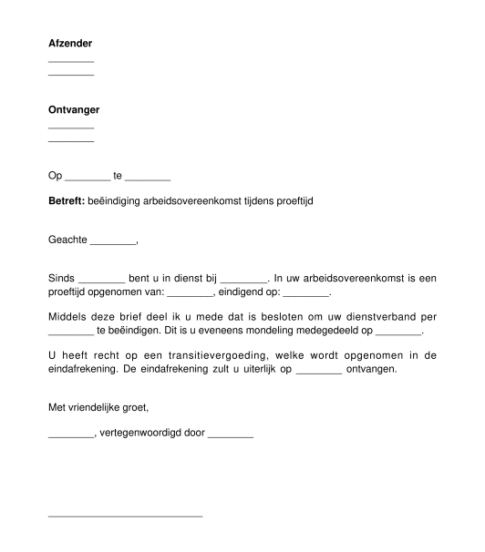 Brief ontslag tijdens proeftijd voor werkgever