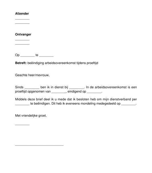 Brief ontslag tijdens proeftijd voor werknemer