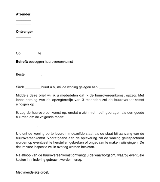 Brief opzeggen huurovereenkomst voor onbepaalde tijd betreffende woonruimte voor verhuurder