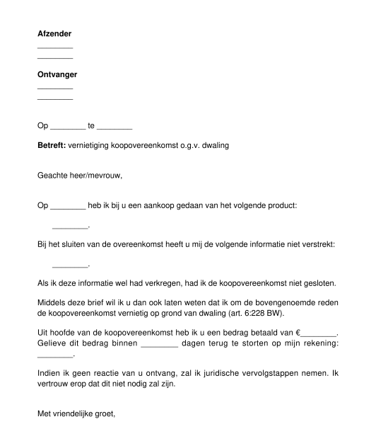 Brief vernietigen koopovereenkomst bij dwaling voor de koper