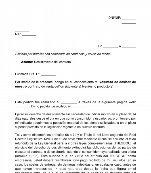 Carta de anulación de compra a distancia