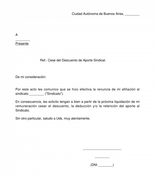 Carta de Cesación del Descuento Sindical