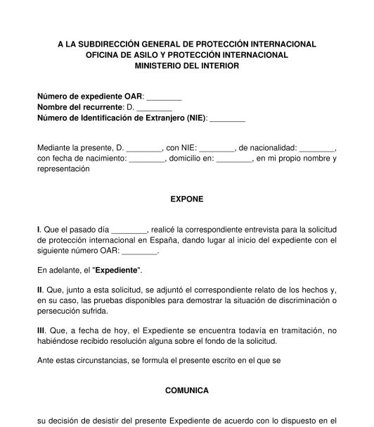 Carta de desistimiento de una solicitud de protección internacional