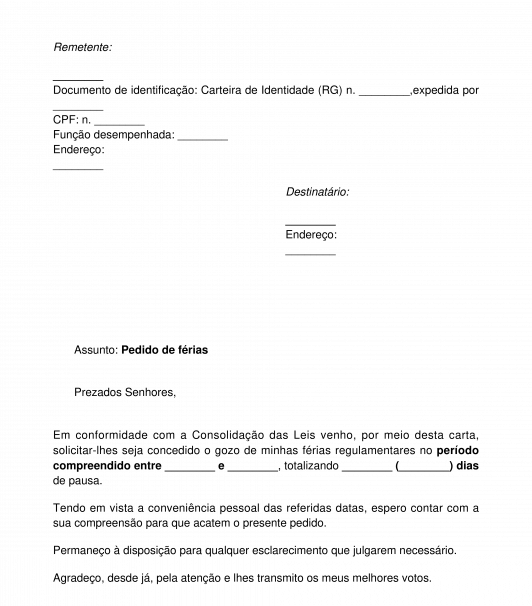 Carta de pedido de férias