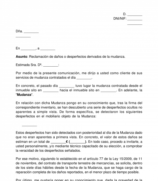 Carta para reclamar desperfectos tras una mudanza