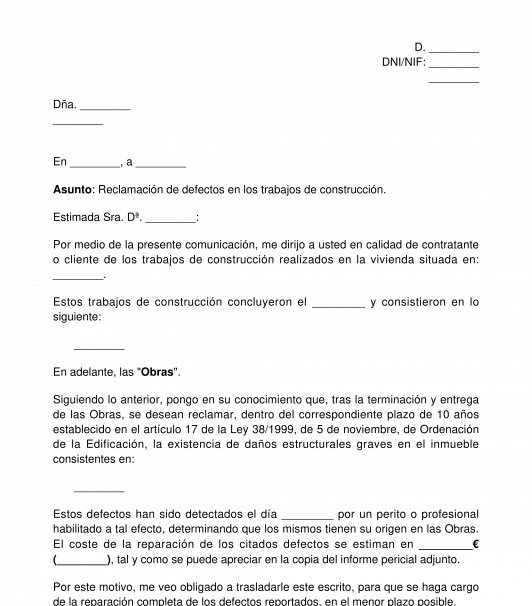 Carta para reclamar por obras defectuosas