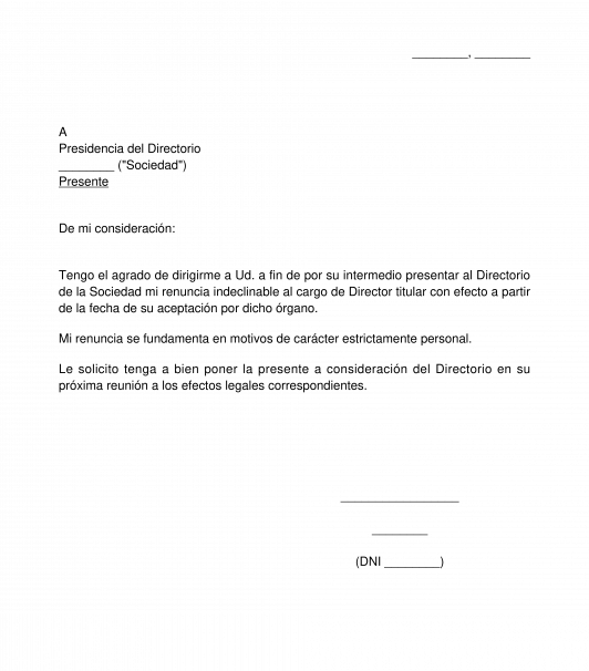 Carta de Renuncia como Director de S.A.
