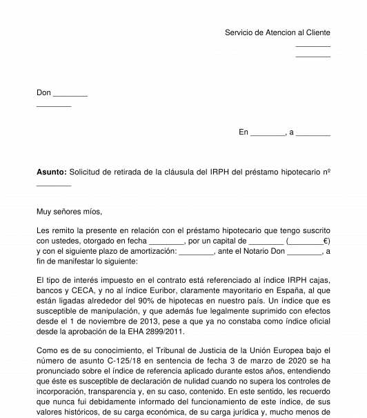 Carta solicitando la nulidad de la cláusula del IRPH