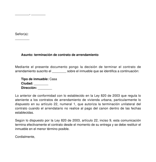 Carta de terminación de contrato de arrendamiento del arrendador o propietario