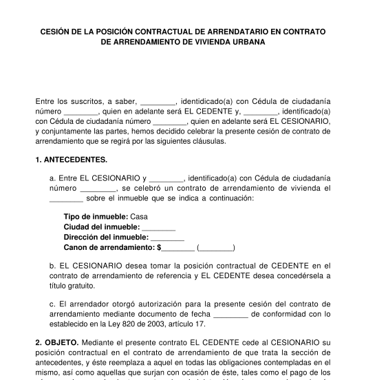 Cesión de contrato de arrendamiento del arrendatario o inquilino