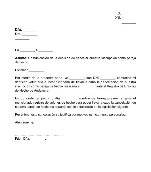 Comunicación de la decisión unilateral de terminar una pareja de hecho