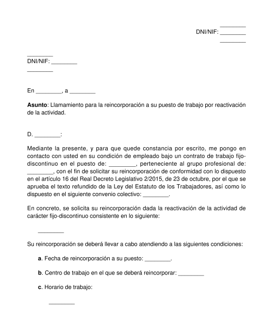 Comunicación de llamamiento a la actividad de trabajadores fijo-discontinuos