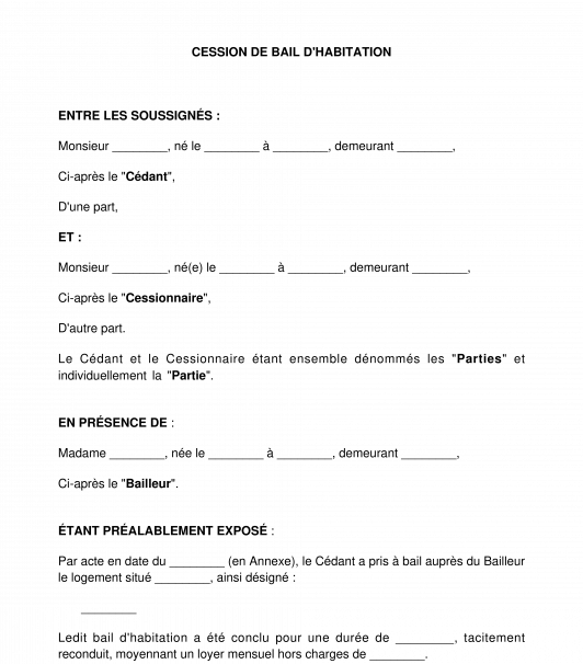 Contrat de cession de bail d'habitation