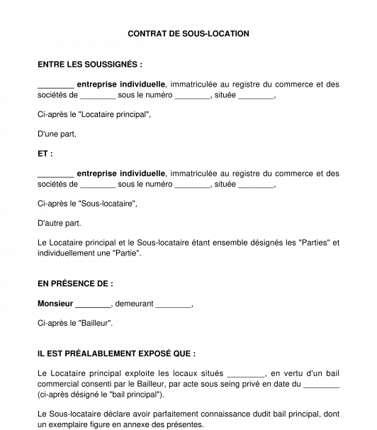 Contrat de sous-location de bail commercial