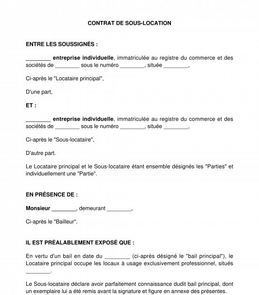 Contrat de sous-location de bail professionnel