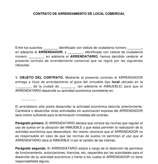 Contrato de arrendamiento de local comercial