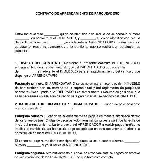 Contrato de arrendamiento de parqueadero