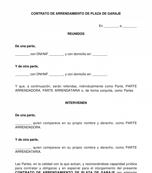 Contrato de arrendamiento de plaza de garaje