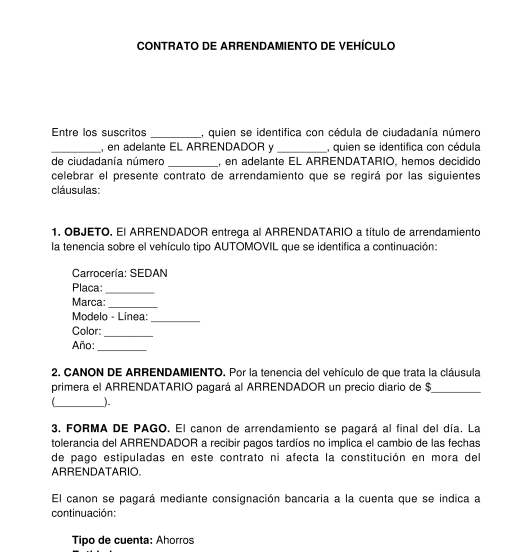 Contrato de arrendamiento de vehículo