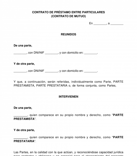 Contrato de préstamo de dinero entre particulares