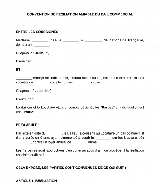 Convention de résiliation amiable d'un bail commercial