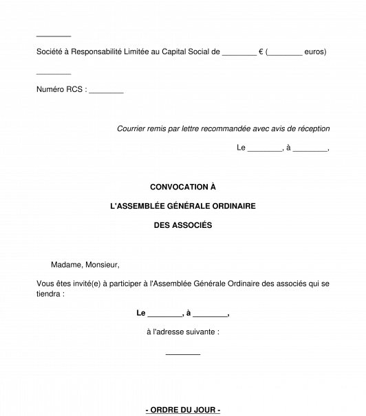 Convocation à l'assemblée générale d'une société