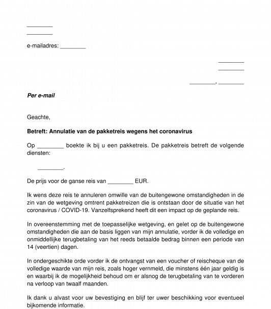 Coronavirus / COVID-19 - Annulatie van een pakketreis