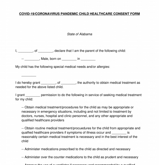 COVID-19/Coronavirus Child Healthcare Consent Form
