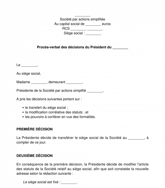 Procès-verbal de transfert du siège social SAS, SASU