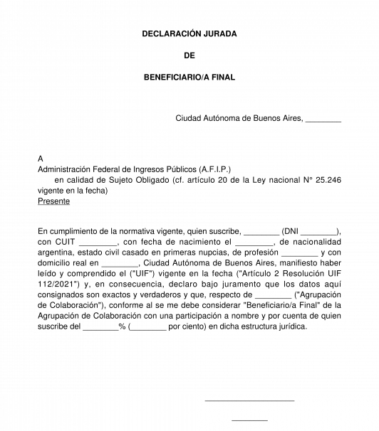 Declaración Jurada de Beneficiario Final de Persona Jurídica