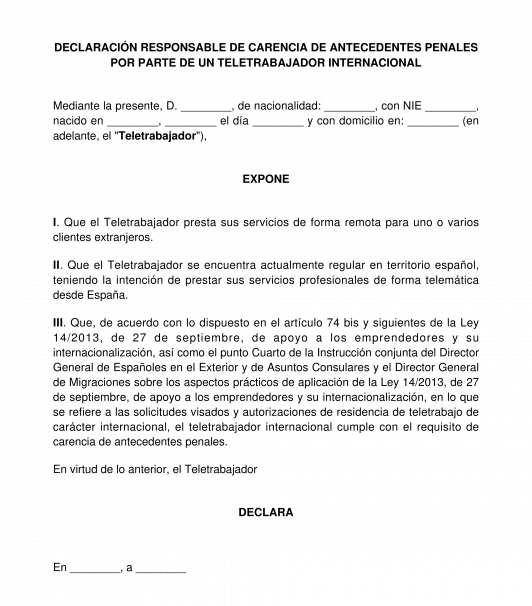 Declaración responsable de carencia de antecedentes penales de nómada digital
