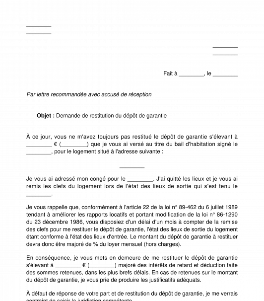 Demande de restitution du dépôt de garantie