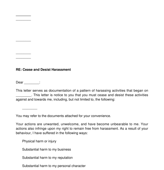 Harassment Cease and Desist Letter