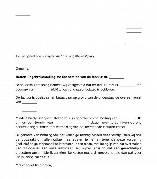 Ingebrekestelling tot het betalen van een factuur