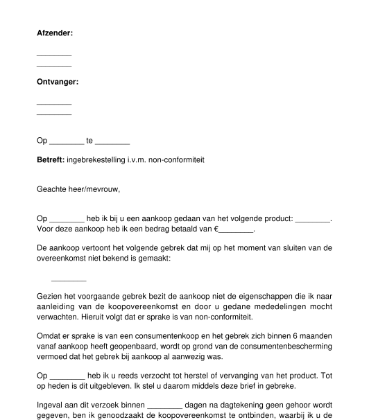 Ingebrekestelling non-conformiteit product