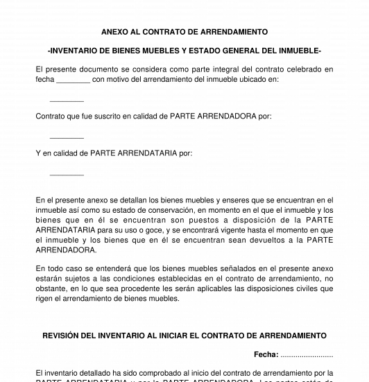Inventario de muebles y estado general del inmueble anexo al contrato de arrendamiento