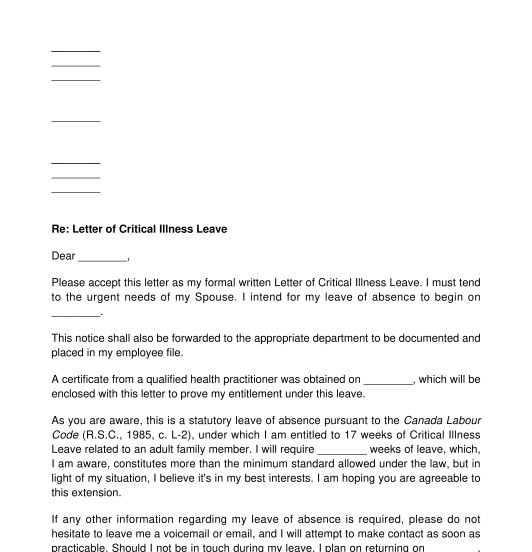 Letter of Critical Illness Leave