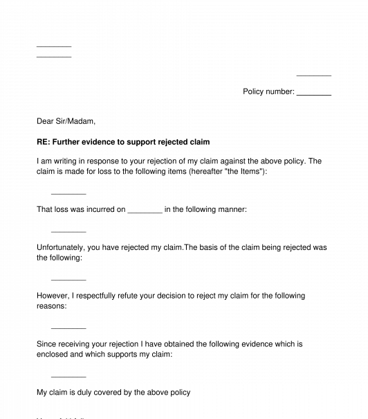 Letter of Further Evidence Following Insurer's Rejection of Claim