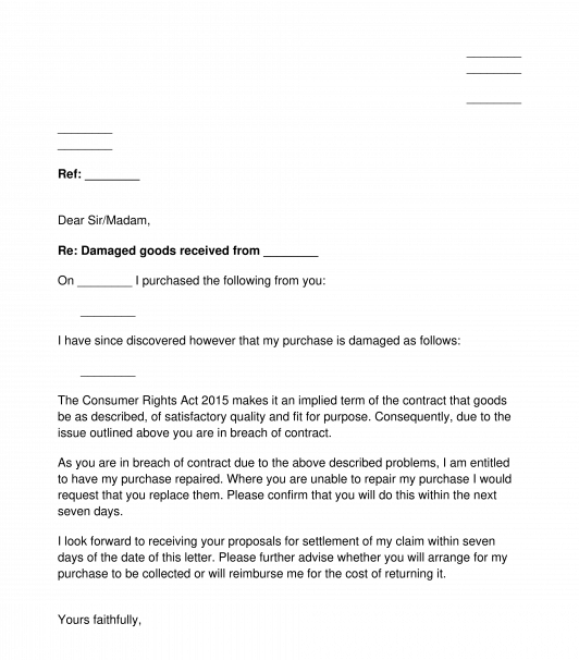 Letter to Claim a Refund, Replacement or Repair of Damaged Goods
