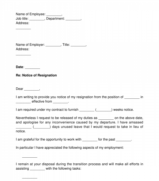 Letter to Provide Notice of Resignation