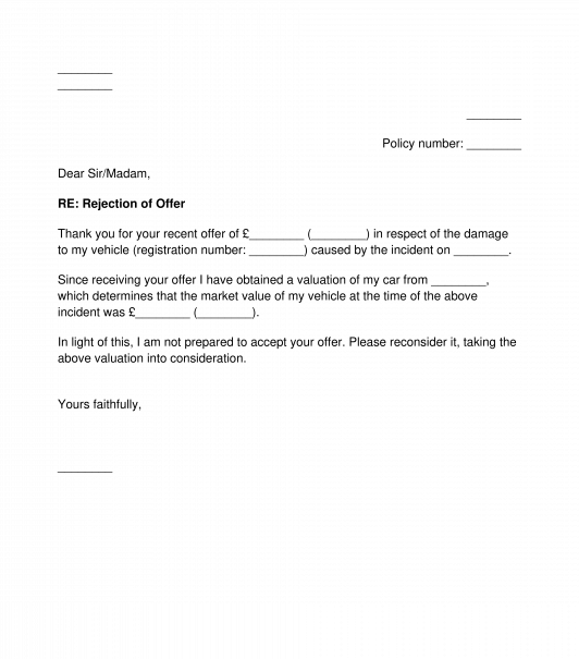 Letter to Reject Car Insurer's Offer